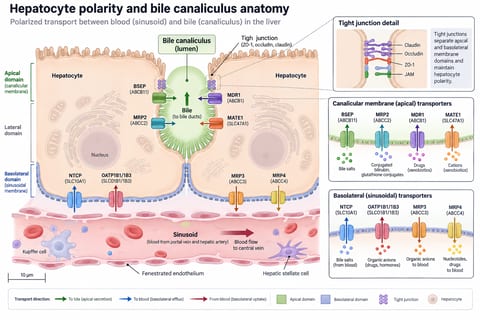 Hepatocyte polarity and bile canaliculus anatomy