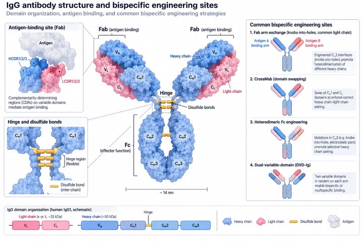 IgG antibody structure and bispecific engineering sites