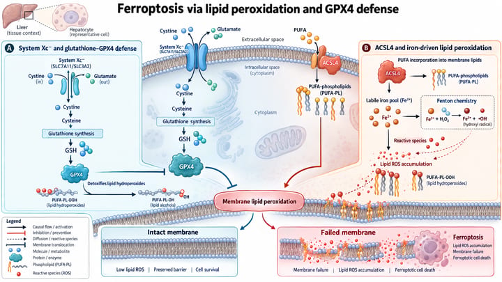 Ferroptosis via lipid peroxidation and GPX4 defense