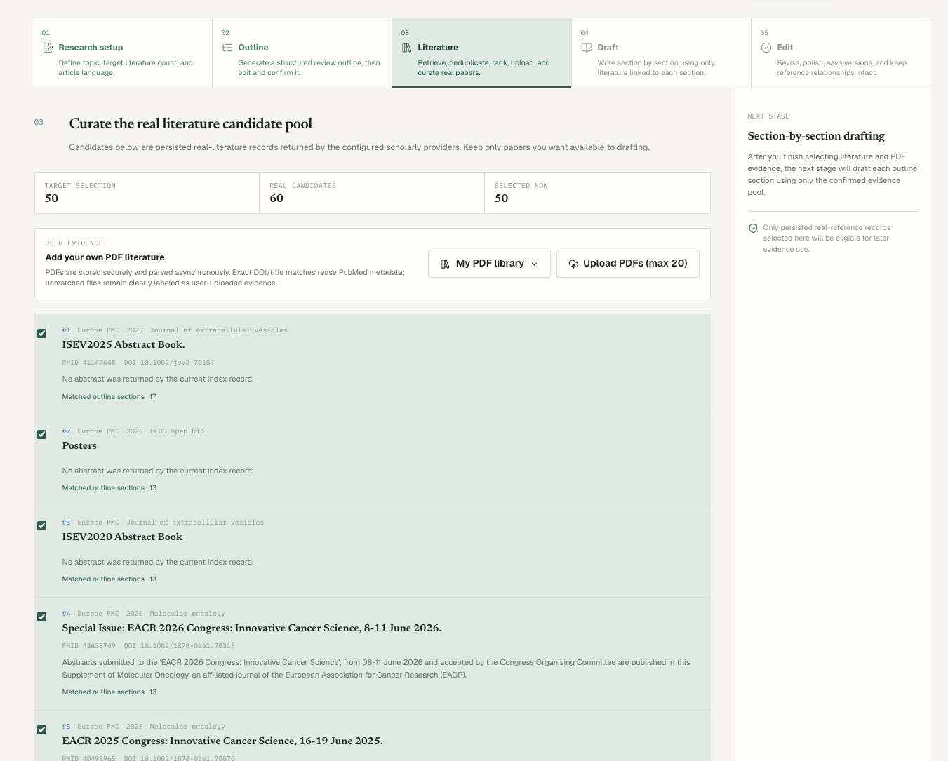 From outline and evidence to a structured research draft